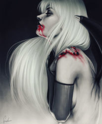 Rule 34 | 1girl, bat wings, blood, blood on face, blood on mouth, breasts, capcom, elbow gloves, eyeshadow, fernanda suarez, fingerless gloves, from side, gloves, long hair, makeup, monochrome, morrigan aensland, self hug, small breasts, solo, spot color, topless, vampire (game), wings