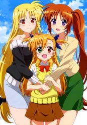Rule 34 | 10s, 3girls, absurdres, blonde hair, brown hair, cloud, day, family, fate testarossa, girl sandwich, green eyes, heterochromia, highres, long hair, lyrical nanoha, mahou shoujo lyrical nanoha, mahou shoujo lyrical nanoha vivid, mother and daughter, multiple girls, non-web source, nyantype, official art, open mouth, purple eyes, red eyes, sandwiched, school uniform, side ponytail, sky, smile, sweater vest, takamachi nanoha, very long hair, vivio, wife and wife, yuri