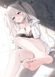 Rule 34 | 1girl, animal ears, bare legs, bare shoulders, barefoot, black nails, breasts, casino (casinoep), cleavage, commentary request, feet, foot focus, foot out of frame, greek toe, grey eyes, grey hair, highres, hololive, jacket, knee up, large breasts, legs, lion ears, lion girl, lion tail, long hair, looking at viewer, nail polish, off shoulder, shishiro botan, shorts, smile, soles, solo, tail, toenail polish, toenails, toes, twintails, virtual youtuber, white jacket, white shorts