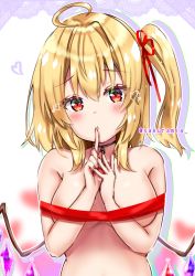 Rule 34 | 1girl, ahoge, armpit crease, arms up, bare arms, bare shoulders, blonde hair, blurry, blush, breasts, choker, closed mouth, crystal, eyelashes, finger to mouth, flandre scarlet, hair between eyes, hair ribbon, unworn headwear, heart, highres, holding, looking at viewer, medium breasts, medium hair, nail polish, naked ribbon, nude, one side up, outline, red eyes, red nails, ribbon, sakuramiya nya, solo, touhou, twitter username, upper body, white background, white outline, wings