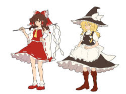 Rule 34 | 2girls, blonde hair, boots, bow, braid, brown eyes, brown hair, detached sleeves, female focus, flat color, full body, gohei, hair bow, hakurei reimu, hat, japanese clothes, kirisame marisa, knee boots, matsutani, miko, multiple girls, simple background, skirt, touhou, white background, witch, witch hat, yellow eyes