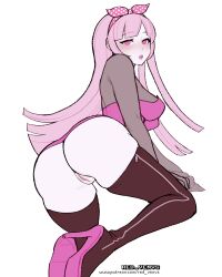 Rule 34 | 1girl, absurdres, aged up, all fours, artist name, black footwear, blush, bodysuit, bottomless, bow, danganronpa (series), danganronpa another episode: ultra despair girls, eyebrows, female focus, from behind, hair bow, highres, long hair, looking at viewer, looking back, matching hair/eyes, nose, open mouth, pink bodysuit, pink eyes, pink hair, pink lips, polka dot, polka dot bow, polka dot hairband, polka dot headwear, pussy, redvenvs, see-through, see-through shirt, see-through sleeves, signature, simple background, solo, turning head, utsugi kotoko, white background