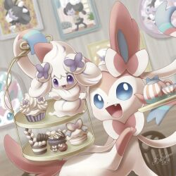 Rule 34 | alcremie, blue eyes, chair, creatures (company), cup, cupcake, fang, food, game freak, gen 5 pokemon, gen 6 pokemon, gen 8 pokemon, gothita, gothorita, hand up, highres, holding, holding tiered tray, holding tray, indoors, macaron, nintendo, open mouth, picture frame, pokemon, pokemon (creature), purple eyes, ribbon, sasabunecafe, striped, sylveon, teacup, teapot, tiered tray, tray, twitter username, vertical stripes