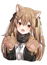 Rule 34 | 1girl, animal ears, animal hands, bad id, bad twitter id, black ribbon, blush, brown hair, cat ears, cat tail, fang, girls&#039; frontline, hair ornament, hair ribbon, hairclip, highres, long hair, long sleeves, looking at viewer, mafuyu (chibi21), open mouth, red eyes, ribbon, scar, scar across eye, scar on face, simple background, smile, solo, tail, twintails, ump9 (girls&#039; frontline), upper body, white background