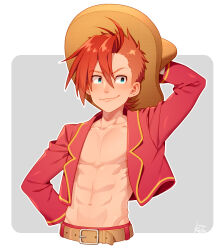 Rule 34 | 1boy, abs, adjusting clothes, adjusting headwear, belt, blue eyes, border, brown belt, brown hair, collarbone, earrings, hair between eyes, hat, jewelry, kiri futoshi, long sleeves, male focus, open clothes, open shirt, panchito pistoles, personification, red hair, red shirt, shirt, short hair, smile, solo, sombrero, the three caballeros, white border
