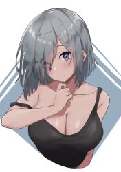 Rule 34 | 1girl, absurdres, alternate costume, bare shoulders, black tank top, blue eyes, breasts, closed mouth, collarbone, commentary, commentary request, grey hair, hair over one eye, hamakaze (kancolle), highres, kantai collection, lanthan, large breasts, looking at viewer, parted bangs, short hair, simple background, solo, strap slip, tank top, upper body, white background
