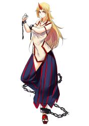 Rule 34 | 1girl, blonde hair, chain, closed mouth, covered navel, cuffs, dress, earrings, full body, highres, horns, hoshiguma yuugi, jewelry, long hair, looking at viewer, oni horns, pants, pointy ears, puffy pants, purple pants, red eyes, short dress, shukusuri, simple background, single horn, slit pupils, smile, solo, stud earrings, touhou, very long hair, white background, white dress