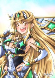 Rule 34 | 1girl, absurdres, aegis sword (xenoblade), bare shoulders, blonde hair, breasts, chest jewel, cleavage, cleavage cutout, clothing cutout, dress, earrings, elbow gloves, gem, gloves, hand on own hip, happy, headpiece, highres, jewelry, large breasts, long hair, looking at viewer, mythra (xenoblade), short dress, smile, sofusan1526, solo, swept bangs, tiara, very long hair, white dress, white gloves, xenoblade chronicles (series), xenoblade chronicles 2, yellow eyes