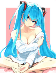Rule 34 | 1girl, absurdres, barefoot, black panties, blue eyes, blue hair, border, breasts, cleavage, closed mouth, clothes down, collarbone, dress shirt, hair between eyes, hair ornament, hatsune miku, head tilt, highres, indian style, long hair, medium breasts, off shoulder, onkyi, outside border, panties, pink background, shirt, sitting, sketch, smile, solo, twintails, underwear, very long hair, vocaloid, white border, white shirt