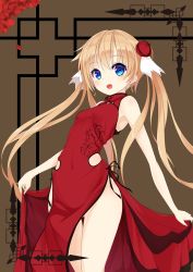 Rule 34 | 1girl, :d, bad id, bad pixiv id, blonde hair, blue eyes, blush, bun cover, china dress, chinese clothes, double bun, dress, earrings, highres, hip focus, jewelry, leaf1031, long hair, looking at viewer, open mouth, original, side slit, sleeveless, smile, solo, thigh gap, twintails, very long hair