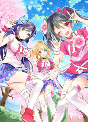 Rule 34 | 10s, 3girls, \m/, ayase eli, balloon, black hair, blonde hair, blue eyes, blush, breasts, cloud, day, double \m/, green eyes, hands on own hips, highres, large breasts, long hair, looking at viewer, love live!, love live! school idol festival, love live! school idol project, medium breasts, multiple girls, nico nico nii, ooshima tomo, open mouth, ponytail, purple hair, red eyes, skirt, sky, smile, thighhighs, tojo nozomi, twintails, yazawa nico