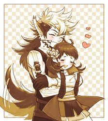 Rule 34 | 1boy, 1girl, animal ears, black hair, blush, brown hair, checkered background, couple, closed eyes, fire emblem, fire emblem fates, freckles, gloves, heart, hetero, hug, keaton (fire emblem), long hair, low ponytail, mmkttanaka, monochrome, mozu (fire emblem), multicolored hair, nintendo, open mouth, sepia, spot color, tail, tail wagging, twintails, two-tone hair, uboar, white hair, wolf ears, wolf tail