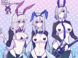 Rule 34 | 4girls, andreana (arknights), animal ears, arknights, black hairband, blue bow, blue bowtie, blue necktie, blush, bow, bowtie, breasts, chibi, chibi inset, collar, commentary, fake animal ears, gladiia (arknights), grey hair, hair over one eye, hairband, heart pasties, highres, long hair, long sleeves, looking at viewer, meme attire, micro bra, multiple girls, navel, necktie, one eye covered, pasties, pointy ears, purple bow, purple bowtie, purple hair, rabbit ears, red eyes, reverse bunnysuit, reverse outfit, short hair, skadi (arknights), specter (arknights), tsume3mai, very long hair