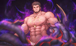 Rule 34 | 1boy, abs, avenger (dungeon and fighter), bara, beard, brown hair, chest tattoo, dungeon and fighter, facial hair, highres, kulolin, large pectorals, loincloth, male focus, male priest (dungeon and fighter), mature male, monster boy, monsterification, muscular, muscular male, navel, nipples, octopus boy, paid reward available, pectorals, priest (dungeon and fighter), red eyes, short hair, solo, stomach, tattoo, tentacle hands, tentacles, topless male, veins
