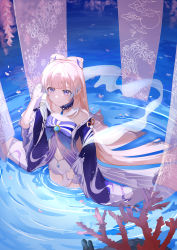 Rule 34 | 1girl, absurdres, bare shoulders, blunt bangs, collarbone, commentary request, detached sleeves, franhill, from above, genshin impact, gloves, grey eyes, hair ornament, highres, in water, long hair, long sleeves, looking at viewer, looking up, navel, sangonomiya kokomi, sidelocks, silver hair, smile, solo, wet, wet clothes, white gloves, wide sleeves