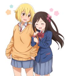 Rule 34 | 2girls, :d, absurdres, blazer, blonde hair, blue jacket, blush, bow, brown hair, collared shirt, commentary, cowboy shot, closed eyes, flower, grey skirt, hair between eyes, hair flower, hair ornament, highres, hitori bocchi, hitoribocchi no marumaru seikatsu, jacket, kousin, locked arms, looking at another, multiple girls, open mouth, orange sweater, pleated skirt, red bow, school uniform, shirt, skirt, smile, standing, sunao nako, sweater, v-neck, wavy mouth, white background, white shirt
