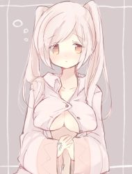 Rule 34 | 1girl, bad id, bad pixiv id, blush, breasts, brown eyes, cleavage, coat, covered erect nipples, female focus, fire emblem, fire emblem awakening, jacket, long hair, long sleeves, naked coat, nintendo, open clothes, open jacket, robin (female) (fire emblem), robin (fire emblem), sleepy, solo, tattoo, teu (navy), twintails, white hair, wide sleeves