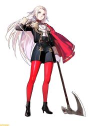 Rule 34 | 1girl, ascot, axe, boots, cape, capelet, edelgard von hresvelg, fire emblem, fire emblem: three houses, full body, gloves, hair ornament, hand in own hair, high heel boots, high heels, holding, holding weapon, kurahana chinatsu, long hair, nintendo, official art, pantyhose, purple eyes, red cape, red pantyhose, ribbon, shorts, silver hair, solo, thighhighs, uniform, very long hair, watermark, weapon, white background