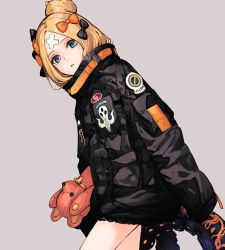 Rule 34 | 1girl, abigail williams (fate), abigail williams (traveling outfit) (fate), black bow, black jacket, blue eyes, bow, fate/grand order, fate (series), forehead, hair bun, jacket, la-na, looking at viewer, official alternate costume, orange bow, parted bangs, single hair bun, sleeves past fingers, sleeves past wrists, stuffed animal, stuffed toy, teddy bear