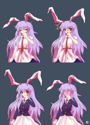 Rule 34 | 1girl, alphes (style), animal ears, blouse, blush, closed eyes, female focus, full-face blush, grey background, hand to own mouth, highres, jacket, kaoru (gensou yuugen-an), light purple hair, long hair, looking at viewer, necktie, no eyes, open mouth, parody, rabbit ears, red eyes, red necktie, reisen udongein inaba, shirt, short sleeves, simple background, skirt, style parody, surprised, tears, touhou, very long hair