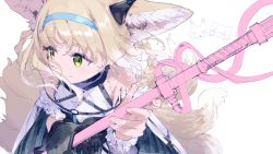 Rule 34 | 1girl, animal ears, arknights, artist request, bare shoulders, black gloves, blonde hair, blue hairband, braided hair rings, fox ears, fox tail, frills, gloves, green eyes, hair ornament, hair rings, hairband, highres, holding, holding staff, material growth, multicolored hair, multiple tails, oripathy lesion (arknights), sketch, smile, solo, staff, suzuran (arknights), tail, white background, white hair, wrist cuffs
