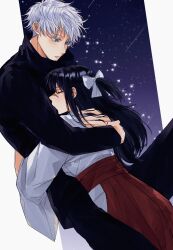 Rule 34 | 1boy, 1girl, black jacket, blue eyes, blue hair, commentary, english text, gojou satoru, grey hair, hair ribbon, hetero, highres, hug, iori utahime, jacket, japanese clothes, jujutsu kaisen, long hair, long sleeves, matchi (ginger.8), miko, night, night sky, ribbon, scar, scar on face, short hair, sky, star (sky), star (symbol)