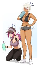 Rule 34 | 2girls, abs, absurdres, ahoge, airisubaka, armband, artist name, bare shoulders, baseball cap, belt, bikini, bikini under clothes, black bikini, black pants, blue eyes, brain freeze, breasts, clenched teeth, closed eyes, commentary, constricted pupils, cup, dark-skinned female, dark skin, disposable cup, drawstring, drinking, drinking straw, english commentary, full body, grey shorts, hand on own hip, hand on own head, hat, highleg, highleg bikini, highres, hood, hood down, jewelry, large breasts, leah (airisubaka), leona (airisubaka), long hair, midriff, multiple girls, muscular, muscular female, navel, necklace, one eye closed, original, pants, ponytail, purple hair, shirt, shoes, short hair, short shorts, shorts, signature, simple background, sleeveless, sleeveless shirt, squatting, standing, swimsuit, teeth, watch, white background, white footwear, white hair, wince, wristwatch