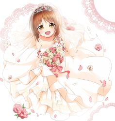Rule 34 | 10s, 1girl, :d, bouquet, bridal veil, bride, brown eyes, brown hair, commentary, dress, elbow gloves, flower, flower request, from above, girls und panzer, gloves, holding, long dress, looking at viewer, looking up, nishizumi miho, open mouth, parda siko, petals, see-through, short hair, single bare shoulder, smile, solo, standing, tiara, veil, wedding, wedding dress, white background, white dress, white gloves