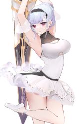 Rule 34 | 1girl, absurdres, alternate costume, armpits, azur lane, ballerina, ballet dress, ballet slippers, blunt bangs, breasts, cleavage cutout, clothing cutout, collarbone, commentary, covered navel, dido (azur lane), dress, eyebrows hidden by hair, hair bun, highres, holding, holding sword, holding weapon, large breasts, purple eyes, short hair, simple background, solo, standing, standing on one leg, sword, tutu, underboob cutout, weapon, white background, white dress, white hair, yuuki02