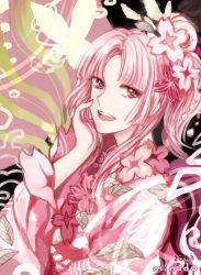 Rule 34 | 10s, 1girl, 2013, artist name, bad id, bad pixiv id, dogwood (flower), flower, hair flower, hair ornament, hand on own cheek, hand on own face, highres, japanese clothes, kimono, long hair, looking at viewer, minudo, pink eyes, pink hair, pink theme, ponytail, smile, solo, vocaloid, vy1