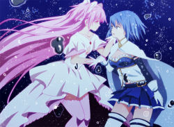 Rule 34 | 10s, 2girls, armband, belt, blue eyes, blue hair, bow, bubble, cape, choker, collarbone, gloves, hair bow, holding hands, kaname madoka, long hair, magical girl, mahou shoujo madoka magica, mahou shoujo madoka magica (anime), miki sayaka, multiple girls, pink hair, shaft (company), short hair, short twintails, spoilers, thighhighs, twintails, two side up, ultimate madoka, underwater, water, yellow eyes, zettai ryouiki