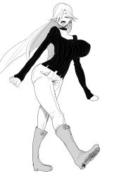 Rule 34 | 1girl, absurdres, belt, boots, breasts, closed eyes, doctor masube, fangs, full body, greyscale, hair over one eye, highres, huge breasts, long hair, lucretia (doctor masube), monochrome, original, pants, ribbed sweater, simple background, solo, sweater, white background