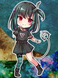 Rule 34 | 1girl, belt, black belt, black dress, black footwear, black hair, blue hair, blue thighhighs, blush, chibi, closed mouth, commentary request, demon girl, demon horns, demon tail, dress, eye hair ornament, eye of providence, fang, flat chest, full body, grey horns, highres, horns, lace, lace-trimmed dress, lace trim, looking at viewer, medium hair, multicolored hair, nanashi inc., official alternate costume, one side up, outline, pointy ears, red eyes, shishio chris, shishio chris (3rd costume), shoes, short sleeves, single thighhigh, smile, sneakers, solo, sugar lyric, tail, thighhighs, two-tone hair, usaba (usabara c), virtual youtuber, white outline