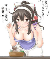 Rule 34 | 10s, 1girl, alternate hairstyle, ashigara (kancolle), bare shoulders, basket, blush, breasts, brown eyes, brown hair, casual, cellphone, cleavage, downblouse, hair ribbon, hairband, jack (slaintheva), kantai collection, large breasts, mushroom, no bra, phone, ponytail, ribbon, smartphone, smirk, solo, text focus, translation request