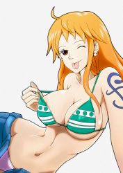 Rule 34 | 1girl, areola slip, bare arms, bare shoulders, bikini, bikini top only, breasts, brown eyes, curvy, denim, female focus, highres, jeans, large breasts, long hair, nami (one piece), navel, one eye closed, one piece, orange hair, pants, simple background, smile, solo, stomach, swimsuit, tattoo, white background, wink