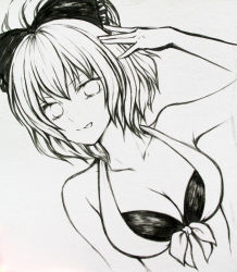 Rule 34 | 1girl, bow, breasts, cleavage, collarbone, dutch angle, front-tie top, hair bow, halterneck, hand on own head, hazuki iku, highres, kurodani yamame, large breasts, looking at viewer, monochrome, shikishi, short hair, simple background, solo, tongue, tongue out, touhou, traditional media, upper body, white background