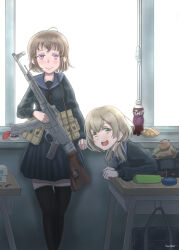 Rule 34 | 2girls, absurdres, against wall, ammunition pouch, artist name, assault rifle, bag, unworn bag, black neckerchief, black serafuku, black skirt, black thighhighs, blue bag, blue sailor collar, blush, book, book stack, brown hair, chocolate, classroom, clenched hands, closed mouth, commentary, cosmetics, cuff title, day, desk, double-parted bangs, drink, fanta, feet out of frame, food, gun, gun sling, hair over shoulder, hair tie, highres, holding, holding gun, holding weapon, indoors, light brown hair, long hair, long sleeves, looking at viewer, lying, multiple girls, neckerchief, nivea, on desk, on stomach, open mouth, original, parted bangs, pencil case, pink eyes, plastic bottle, pleated skirt, pouch, product placement, rifle, sailor collar, savankov, scho-ka-kola, school bag, school desk, school uniform, serafuku, sheath, short hair, skirt, smile, snack, soda, stg44, sweets, tareme, teeth, thighhighs, upper body, upper teeth only, weapon, white stripes, window, windowsill, yellow eyes