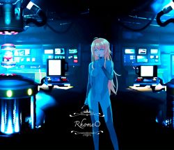 Rule 34 | 1girl, blonde hair, blue bodysuit, blue eyes, bodysuit, commission, computer, costume, dark, holding, long hair, messy hair, new game!, open mouth, rhosavior, science fiction, smile, solo, standing, very long hair, yagami kou