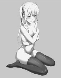 Rule 34 | 1girl, bad id, bad pixiv id, black thighhighs, blush, breasts, clenched teeth, collarbone, covering privates, covering breasts, dot nose, facing viewer, female focus, full body, greyscale, hair ornament, hair ribbon, half-closed eyes, himitsu (hi mi tsu 2), knees together feet apart, long hair, long twintails, looking at viewer, monochrome, navel, nude, ribbon, saenai heroine no sodatekata, sawamura spencer eriri, shiny clothes, simple background, sitting, skindentation, small breasts, solo, spread legs, teeth, thighhighs, twintails, wariza, wavy mouth