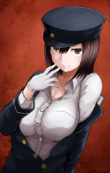 Rule 34 | 10s, 1girl, akitsu maru (kancolle), bad id, bad pixiv id, black hair, breasts, brown eyes, cleavage, female focus, gradient background, hat, highres, kantai collection, large breasts, looking at viewer, military, military uniform, okitsugu, peaked cap, short hair, smile, solo, uniform