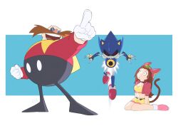 Rule 34 | 1boy, 1girl, 1other, brown hair, closed mouth, commentary, dr. eggman, english commentary, highres, kneeling, long hair, metal sonic, midriff, open mouth, pointing, rectangle, red pupils, rizwan rafiq, robot, sara (sonic), signature, simple background, sonic (series), sonic the hedgehog (ova), surprised, tail, white background