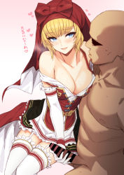 Rule 34 | 1boy, 1girl, bar censor, bare shoulders, black skirt, blonde hair, blue eyes, blush, breasts, censored, cleavage, collarbone, dress, elbow gloves, erection, gloved handjob, gloves, handjob, hetero, highres, idunn (megami tensei), large breasts, layered skirt, open mouth, penis, red dress, red hood, shin megami tensei, shin megami tensei v, short hair, skirt, smile, thighhighs, thighs, translation request, white gloves, white skirt, white thighhighs, whoosaku