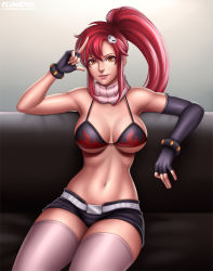 Rule 34 | 1girl, belt, bikini, bikini top only, breasts, brown eyes, cleavage, commission, flowerxl, gloves, hair between eyes, large breasts, long hair, looking at viewer, midriff, navel, ponytail, red hair, scarf, short shorts, shorts, sitting, smile, solo, striped clothes, striped scarf, studded belt, swimsuit, tengen toppa gurren lagann, thighhighs, yoko littner