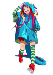 Rule 34 | 1girl, 9aki, aqua eyes, hand in pocket, hand on own head, highres, lizard, long hair, open mouth, original, pink hair, raincoat, simple background, smile, socks, solo, striped clothes, striped socks, striped thighhighs, tail, teeth, thighhighs, upper teeth only, white background