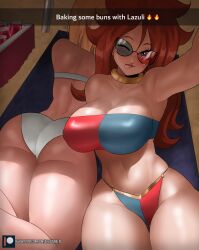 Rule 34 | 2girls, absurdres, android 18, android 21, ass, beach towel, beach umbrella, bikini, blonde hair, blue eyes, blush, breasts, brown hair, can, choker, cleavage, cooler, dragon ball, dragon ball fighterz, dragonball z, drink can, echo saber, english text, fake phone screenshot, fake screenshot, highres, huge ass, large breasts, long hair, multiple girls, one eye closed, sand, selfie, short hair, snapchat, soda, soda can, sunglasses, swimsuit, tongue, tongue out, towel, umbrella