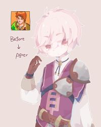Rule 34 | 1boy, before and after, beige background, belt, fire emblem, fire emblem echoes: shadows of valentia, fire emblem gaiden, gloves, highres, kliff (fire emblem), male focus, nintendo, nozomu (dherbray-anc), orange hair, red eyes, simple background, solo, teeth, upper body, white hair