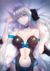 Rule 34 | 1girl, black bow, black dress, blue choker, blue eyes, bow, braid, breasts, center opening, choker, cleavage, collarbone, commentary request, dress, fate/grand order, fate (series), french braid, grey hair, hair bow, highres, large breasts, long hair, long sleeves, looking at viewer, lying, morgan le fay (fate), navel, off-shoulder dress, off shoulder, on back, pelvic curtain, ponytail, revision, shiro font, sidelocks, solo, two-tone dress, very long hair, white dress, wide sleeves