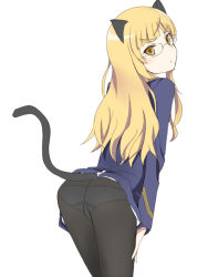 Rule 34 | 1girl, aiueo, animal ears, ass, blonde hair, cat ears, cat tail, crotch seam, from behind, glasses, long hair, looking back, military, military uniform, panties, panties under pantyhose, pantyhose, perrine h. clostermann, simple background, solo, strike witches, tail, underwear, uniform, white background, world witches series, yellow eyes