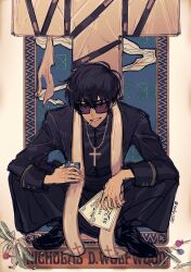 Rule 34 | 1boy, black eyes, black footwear, black hair, black robe, box, cassock, character name, cigarette, cross, cross necklace, full body, grin, highres, holding, holding box, holding paper, jewelry, long sleeves, looking at viewer, male focus, mouth hold, necklace, nicholas d. wolfwood, noko (noko1280), paper, priest, robe, shoes, short hair, smile, solo, squatting, stole, sunglasses, teeth, teeth hold, trigun, trigun stampede, twitter username, white background