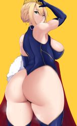 Rule 34 | 1girl, ahoge, arm up, armpits, artoria pendragon (fate), artoria pendragon (lancer) (fate), ass, back, bare shoulders, blonde hair, blue gloves, blue leotard, braid, breasts, cape, cleavage cutout, clothing cutout, crown, elbow gloves, erimiko, fate/grand order, fate (series), female focus, french braid, fur-trimmed cape, fur trim, gloves, hair between eyes, highleg, highleg leotard, highres, huge ass, large breasts, leotard, long hair, looking at viewer, looking back, parted lips, sidelocks, solo, sweat, swept bangs, thighhighs, thighs, thong, thong leotard, yellow background